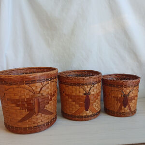 VTG Rattan Wicker Butterfly Three Basket Stacking Set Planter Fairycore EUC!